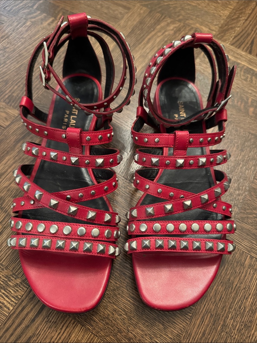 Saint Laurent Red Pyramid-Stud Multi-Strap Gladiator Sandals size 35.5